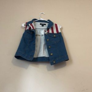 American flag blue jean jacket without sleeves